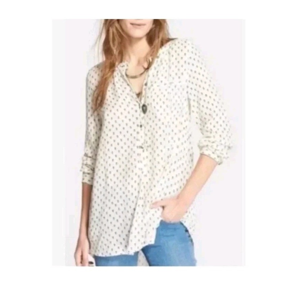FREE PEOPLE Cream Blue Flowy Button Down Peasant Blouse Size S Oversized Boho